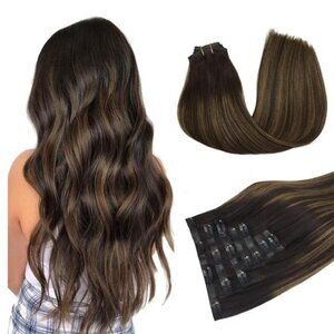 Hair Extensions Clip in Human Hair Dark Brown to Chestnut Brown 7pcs 150g 20Inch